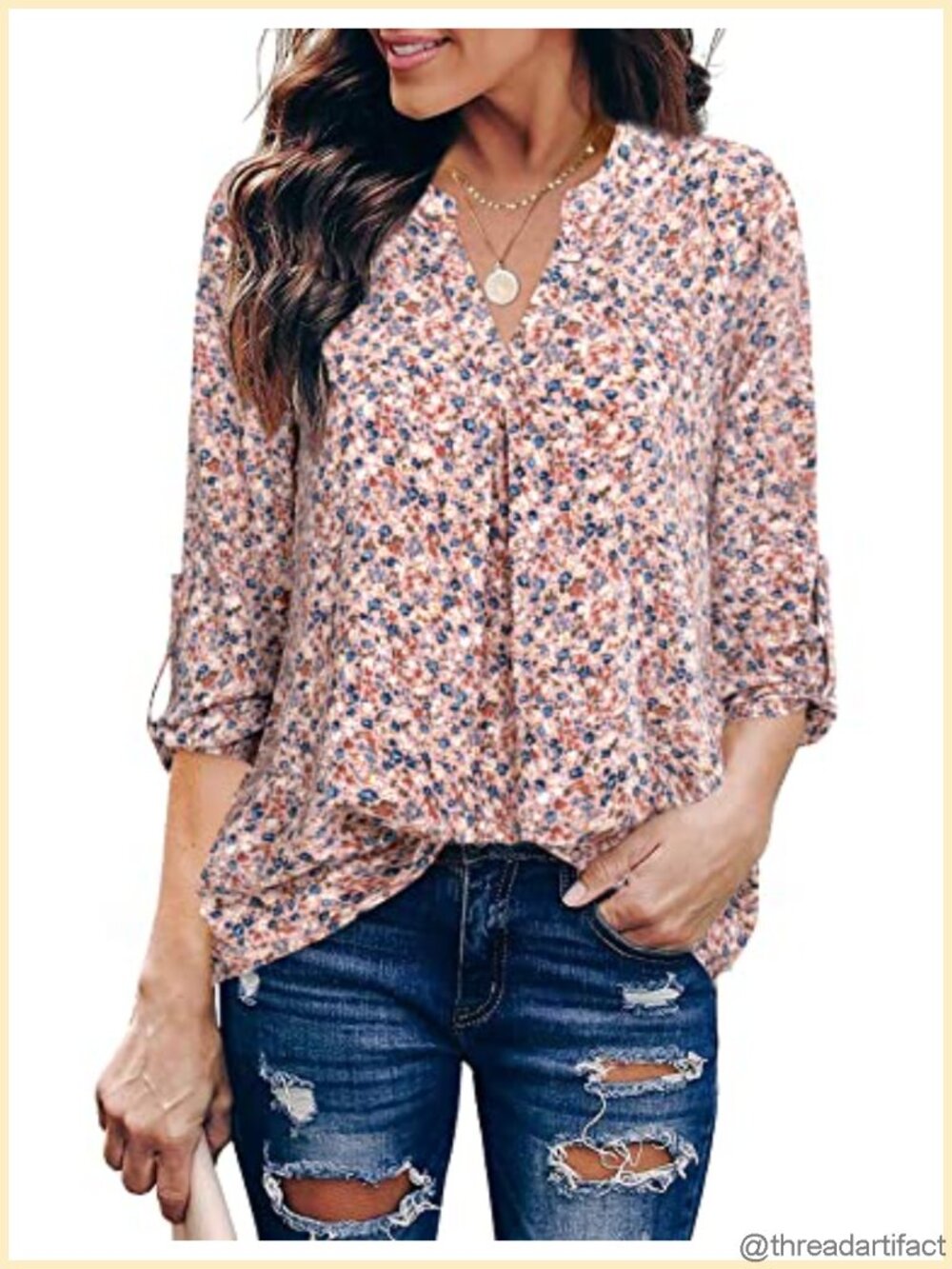 Women's 3/4 Sleeve Split V Neck Chiffon Tunic Blouse Office Work Top